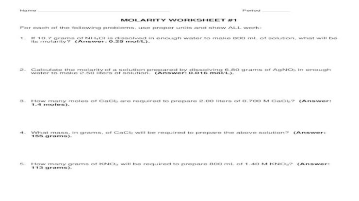 Molarity worksheet 1 answer key chemistry